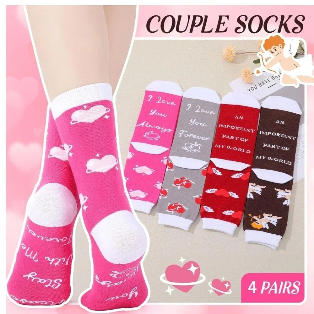 4 Pairs Couple Socks‎ Hearts Cupid Love Novelty Crew Socks Set